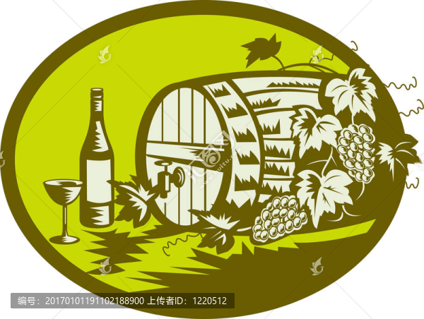 葡萄酒桶或木制桶與葡萄、水果和葡萄酒瓶和玻璃做的木刻風(fēng)格復(fù)古。