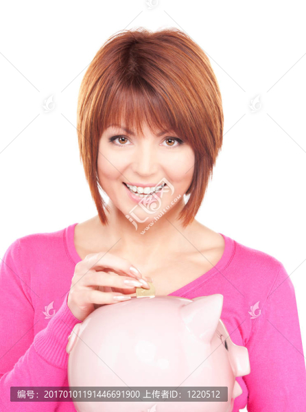 可愛(ài)的女人存錢(qián)罐和錢(qián)