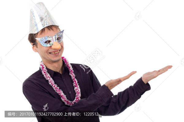 有趣的書呆子男人丑陋的面具指向