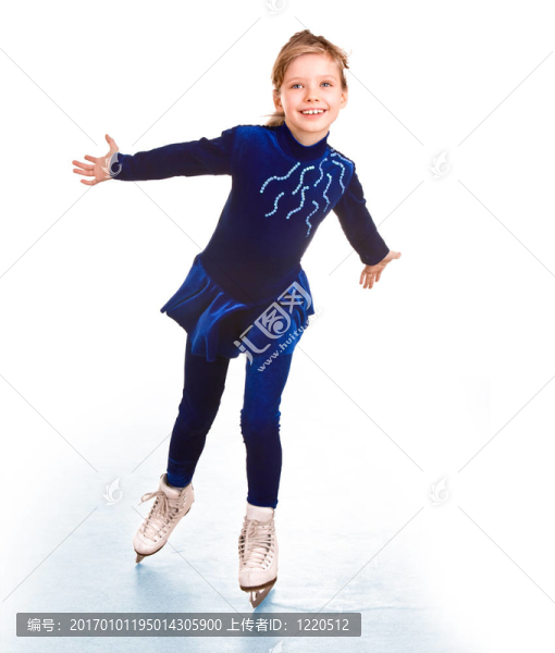 穿溜冰鞋的穿藍色運動服的女孩。