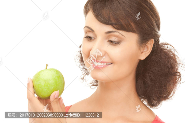 年輕漂亮的女人和綠色的蘋果