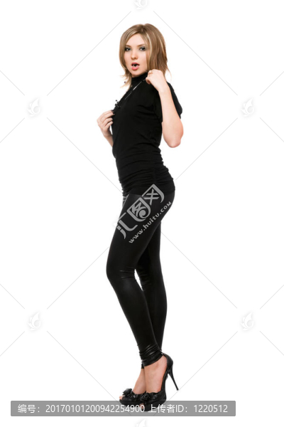 在緊身褲，年輕漂亮的女人。白色隔離