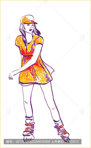 速度輪滑少女素描。手繪插畫(huà)。