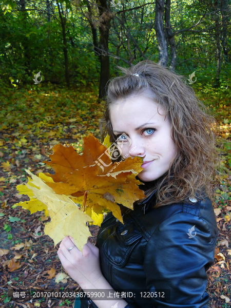 棕色頭發(fā)的女人手里拿著楓樹的黃葉