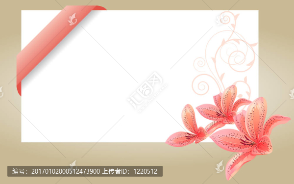 空白的白色帶粉紅色絲帶和百合花的名片
