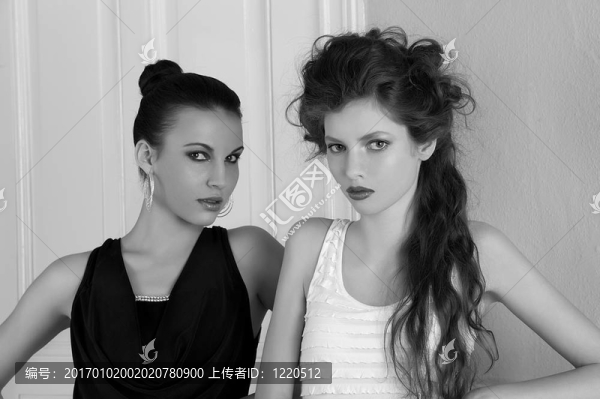 兩個(gè)美麗的女孩與驚人的發(fā)型和優(yōu)雅的裝扮構(gòu)成室內(nèi)附近的一個(gè)老式的時(shí)尚門構(gòu)成有吸引力的姿勢(shì)看相機(jī)