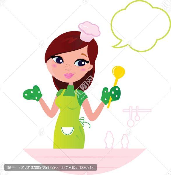 年輕美女在廚房里用言語泡泡做飯
