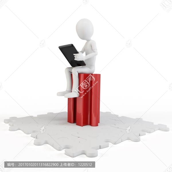 3D人坐在拼圖與平板電腦