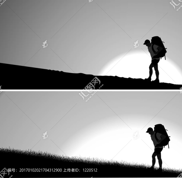 帶著背包上山的男人剪影。背景中的旭日。.單獨的層