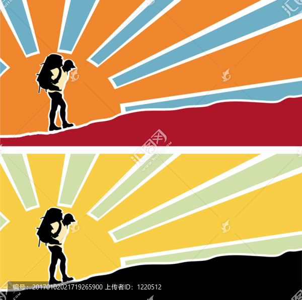 男人帶著背包上山。背景光線升起的太陽。.單獨(dú)的層