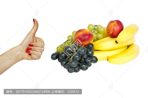 一方面集團豎起大拇指對水果水果是健康的概念
