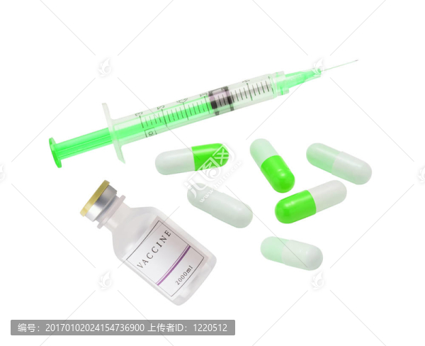 醫(yī)學(xué)注射器；白色背景分離的疫苗和藥丸