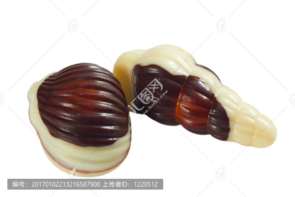 兩個(gè)黑色和白色的巧克力糖果在貝殼的形式在白色背景