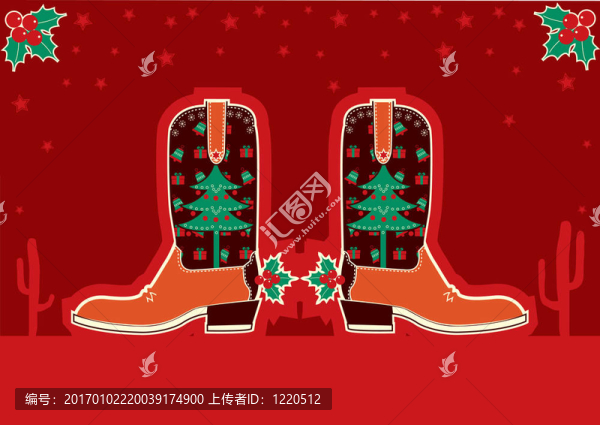 牛仔圣誕卡與靴子和節(jié)日裝飾