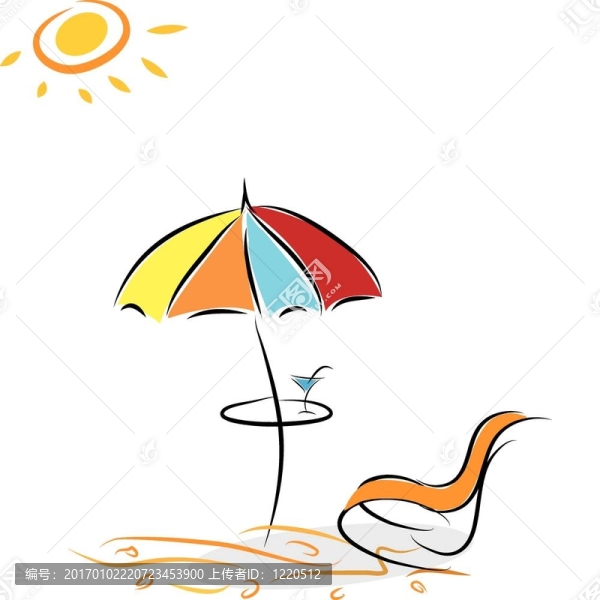 帶雞尾酒的沙灘椅和雨傘。插畫