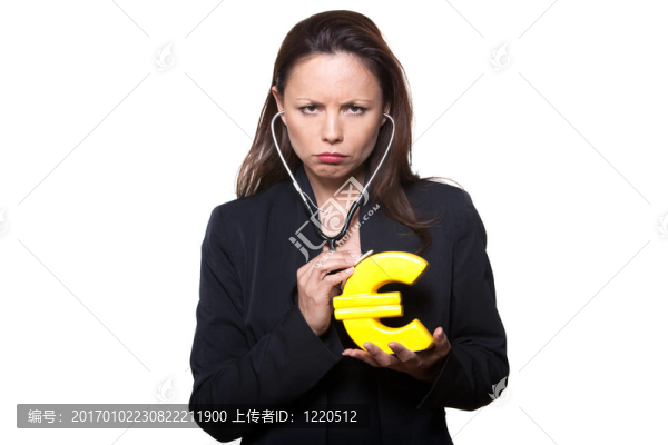 美麗的女人用聽診器檢查歐元的肖像
