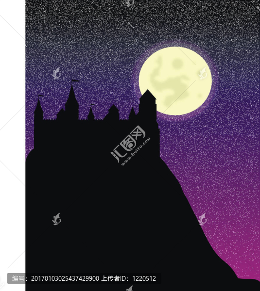 晚上在高高的山上城堡的輪廓