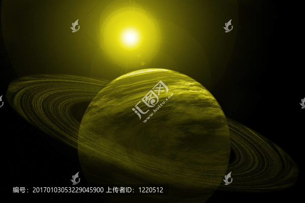 有戒指的黃色行星；星星和太陽