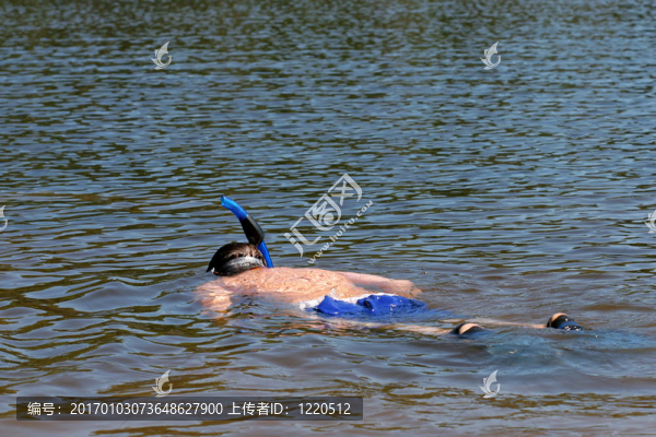 男孩在湖里潛水