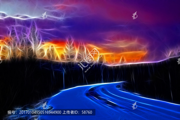 電腦畫,山林雪路