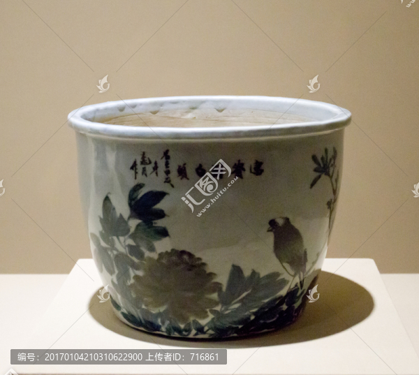 墨綠彩花鳥紋花盆