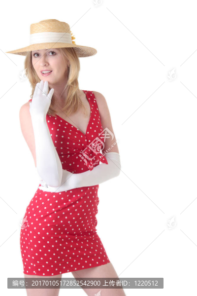 可愛的金發(fā)女人在可愛的紅色圓點(diǎn)連衣裙