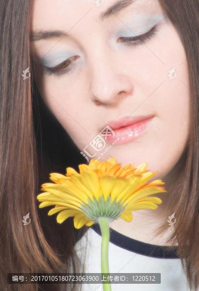 美麗的女孩聞著黃色的菊花