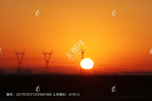 日出,田野,電塔