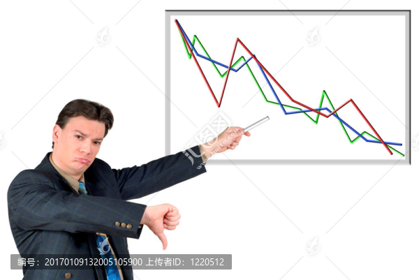 年輕商人指著圖表；銷售不好