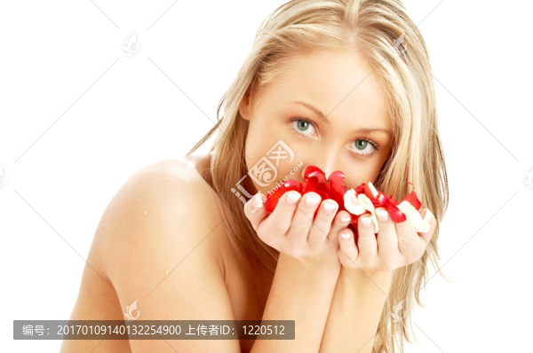 可愛的金發(fā)碧眼的紅玫瑰和白色花瓣