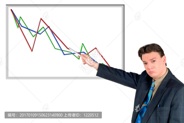 年輕商人指著圖表；銷售不好
