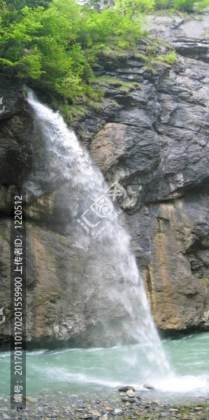 在綠河落在阿勒河峽谷瀑布全景；瑞士；