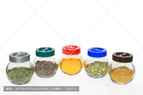 與各種異國(guó)香料罐（香；香樹(shù)；姜黃；小豆蔻；咖喱）孤立在白色背景