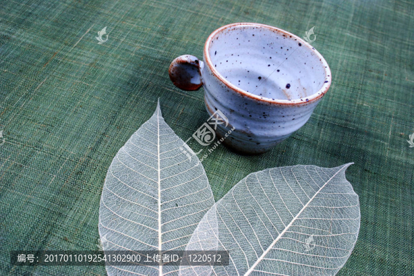 陶器杯和漂亮的春天的葉子