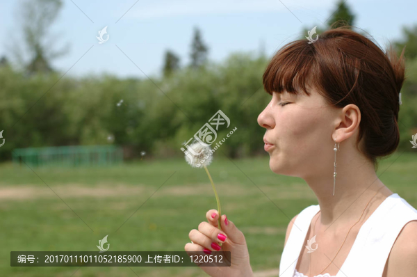 女孩吹蒲公英