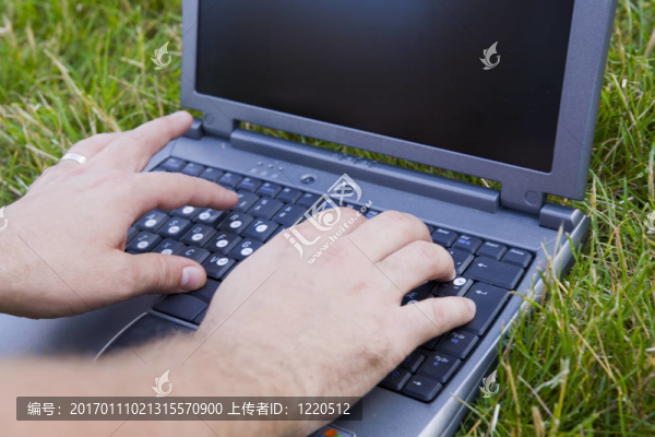 手和筆記本電腦上的草藥