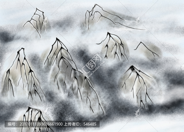 水墨山水裝飾,手繪,合層