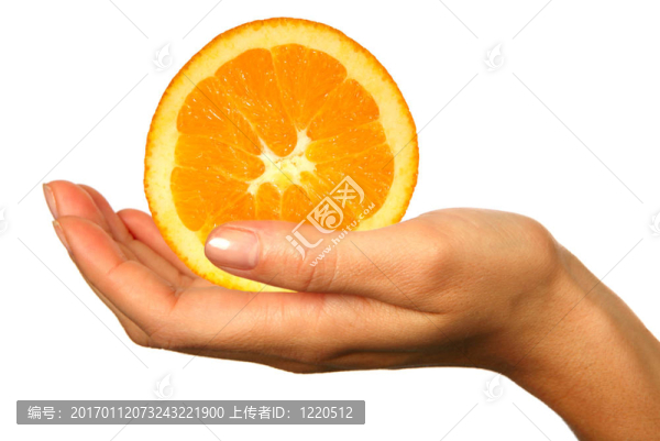 人的手在白色上分離：拿著一片橘子片