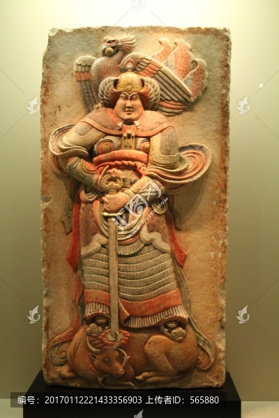 彩繪浮雕武士石刻