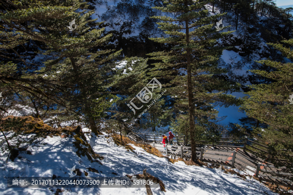 林海雪地棧道上的紅衣少女