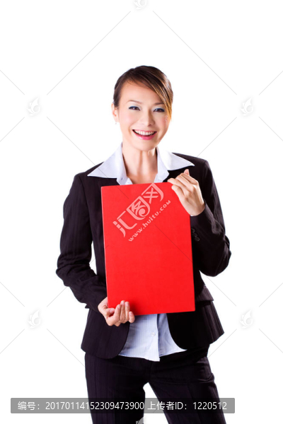 幸福的商業(yè)女人拿著一張紅卡
