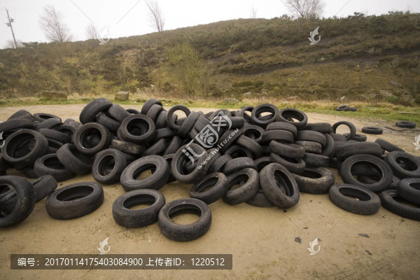 在沼澤地上傾倒的舊輪胎