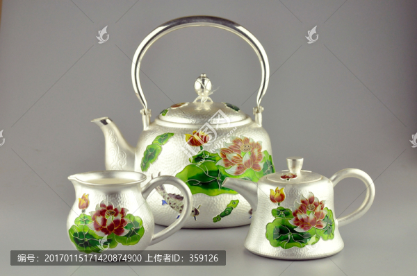 掐絲琺瑯純銀茶具