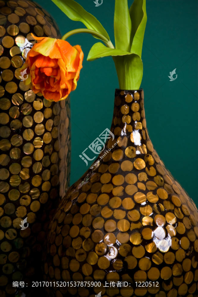 金色的裝飾花瓶里的郁金香綠色