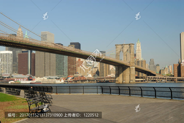 布魯克林大橋和下曼哈頓的背景；紐約