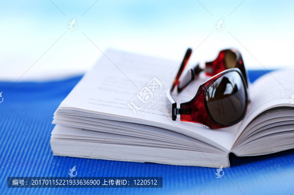 太陽眼鏡和書在沙灘椅上