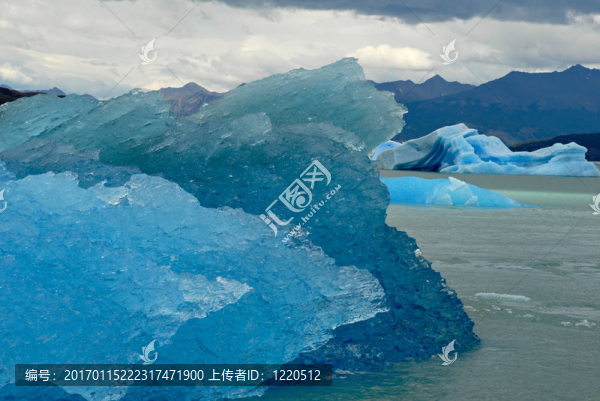 許多冰山在阿根廷Upsala冰川湖附近。