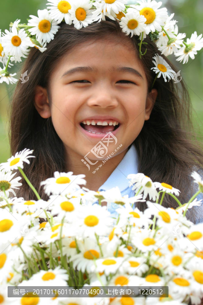 美麗的小女孩，與冠雛菊