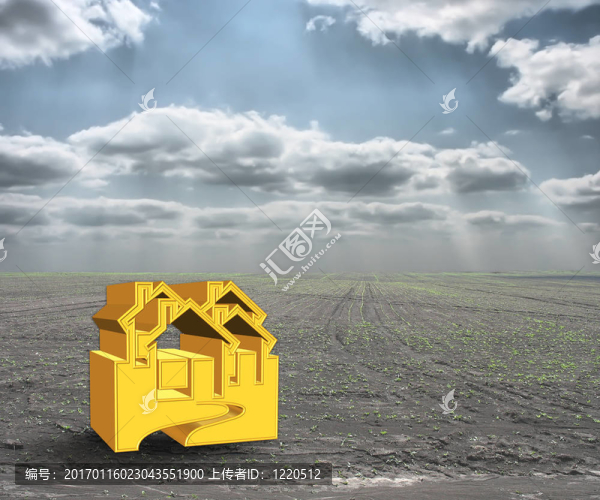 一個關(guān)于金錢和多云天空的3D概念房子