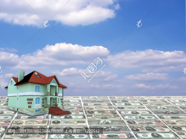 一個關(guān)于金錢和藍(lán)天背景的3D概念屋